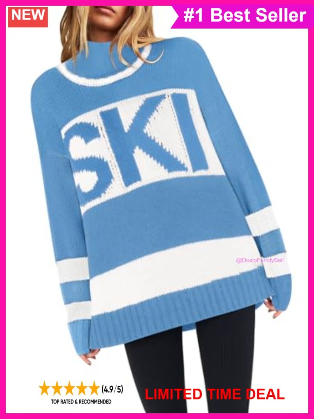 Womens Oversized Color Block Ski Sweater Crewneck Knit Pullover Winter Top